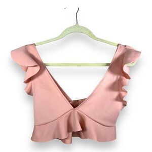 SMALL REVAMPED BLUSH PINK RUFFLE ACCENT CROP TOP STRETCH BARBIECORE COTTAGE